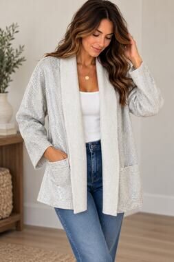 Chico's 100% Boiled Wool Open-Front Metallic Silver Cardigan Jacket Size 2 Large